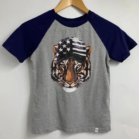 Tommy Bahama Boys Tiger Cap Baseball Short Sleeve Cotton Shirt Size M 7/8 - Picture 1 of 12